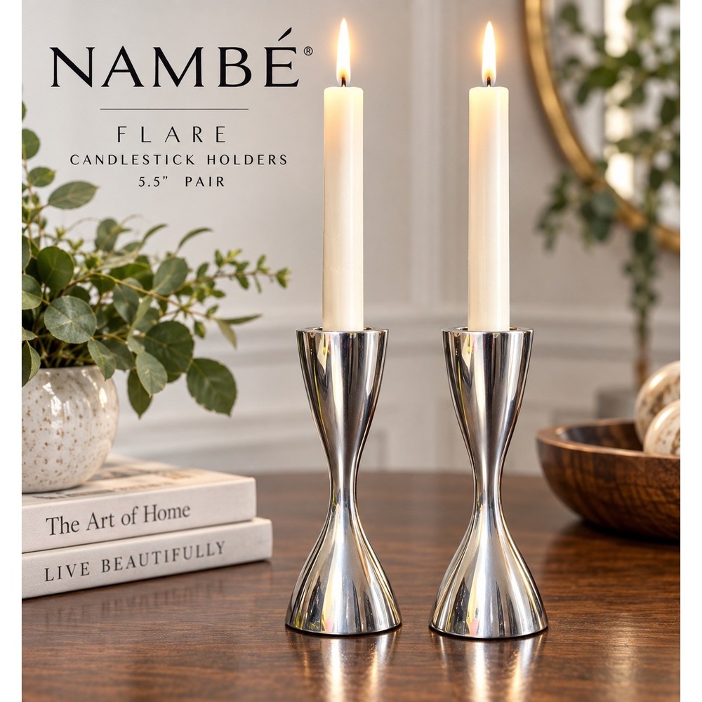 Nambe Pair of Flare Candlestick Holders 5.5" Polished Alloy Modern Hourglass